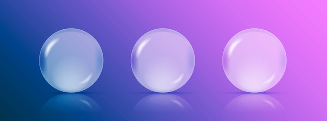 Three transparent spheres or balls with reflections on purple-blue background. Vector illustration eps10