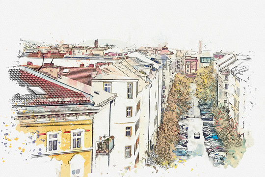 A Watercolor Sketch Or An Illustration. View From High Point To The Street With Buildings, Road And Parked Cars On It In Berlin In Germany. Architecture Of The Big City.