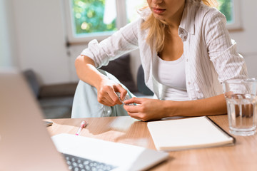 Woman using medicine. Stress situation