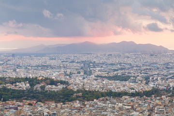 View of Athens and Salamina island from Lycabettus hill at sunset, Greece. 
