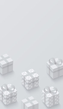 Grey holiday background with 3d gift boxes.