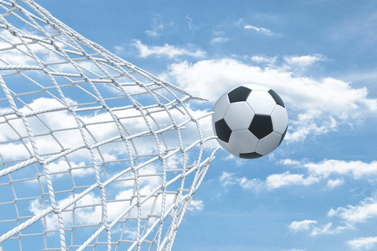 3d rendering of a football ball flying away from inside the gate net and tearing it.