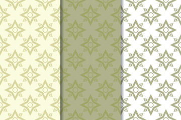 Olive green and white geometric seamless patterns