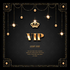 Fototapeta na wymiar VIP invitation template with golden crown, art deco frame and sparkling beads on black background