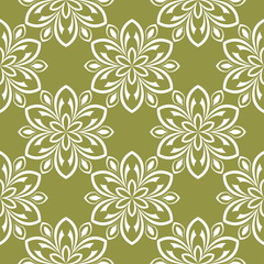 Fototapeta premium White floral seamless pattern on olive green background