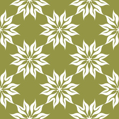 White floral seamless pattern on olive green background