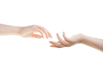 Helping hands isolated on white background. Lending a helping hand. Solidarity, compassion, and...