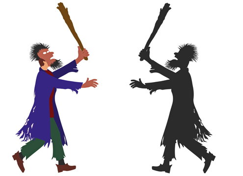Zombie man with mask on the face and truncheon in hand.
