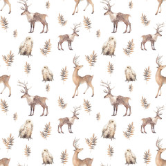 Watercolor polar animals seamless pattern. Hand drawn natural repeating design on white background: deer, polar owl, branches. Scandinavian style texture