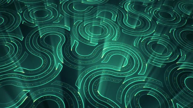 Abstract technologic background with stripes and particles. Animation of circuit electric signal with light shine. Animation of seamless loop.