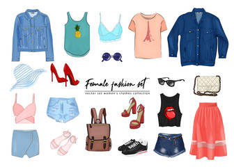 Female fashion set. Hand drawnи vector set women's clothes collection. Spring, summer outfit : dress, denim jacket, shorts, skirt, backpack, bag, T-shirt, top, hat, shoes, glasses.