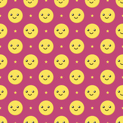 Cute cartoon smiling ball characters, emoji and stars seamless pattern background.
