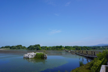 A bridge over ashinoko lake in Aomori  , Japan