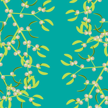 Mistletoe. Seamless pattern. Vector illustration. Mistletoe branch with berries. New Year Christmas. Traditional symbol