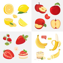 Vegetarian food icons in cartoon style. fresh organic fruits. Health fruity harvest illustration.