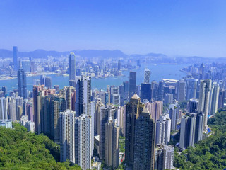 Fototapeta na wymiar Hong Kong, October 5, 2018. View of the strait and skyscrapers. Panorama of the Hong Kong