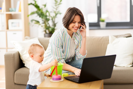 Multi-tasking, Freelance And Motherhood Concept - Working Mother With Baby Son Calling On Smartphone At Home