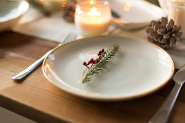 christmas, holidays and table setting concept - plate decorated with fir branch for festive dinner at home
