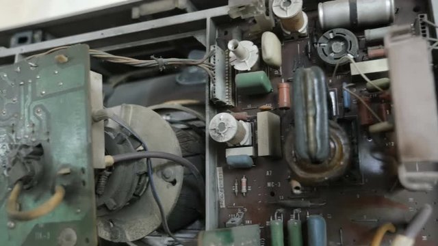View of inner parts contained in old retro TV
