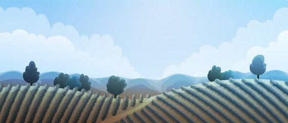 Rural landscape of vineyard. Vines on hills with trees and  blue mountains in background. Winter season. Vector illustration.