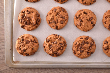 Homemade cookies with chocolate chips baked top detail