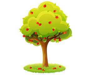 Colorful apple tree with red apples on grass circle isolated on white background. Vector illustration.