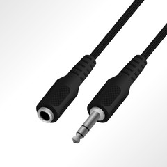 Realistic audio (jack socket and jack plug 6.35 mm) cable vector illustration.