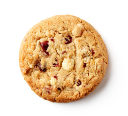 Fresh chocolate chip cookie isolated on white, from above