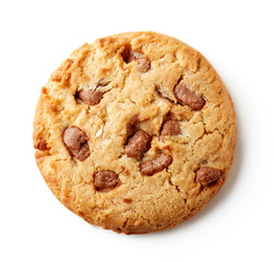 Fresh chocolate chip cookie isolated on white, from above