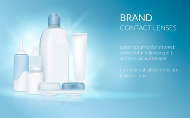 Eye contact lens. Realistic set of lenses, solution, drops, case, bottle. Design template. Medical and cosmetic illustration