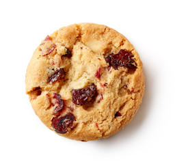 Fresh chocolate chip cookie isolated on white, from above