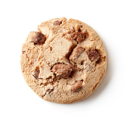 Fresh chocolate chip cookie isolated on white, from above