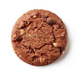 Fresh chocolate chip cookie isolated on white, from above