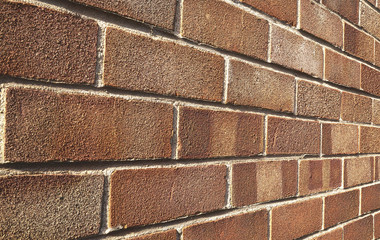 Red brick wall closeup in perspective