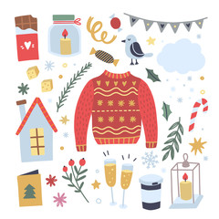 Christmas sweater and other winter lifestyle illustrations. Cozy doodle objects for celebration Xmas and New Year