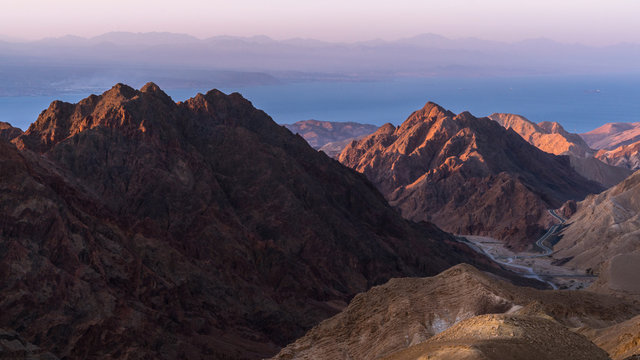 Morning sunrise at the red sea mountains. Eilat, Israel