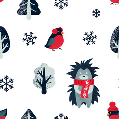 Winter seamless patter with bullfinch, hedgehog and winter trees. Christmas design. Vector illustration.