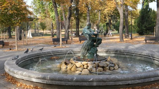 Fountain The Struggle (Borba) or The man with the snake or Fisherman Fountain on Belgrade Kalemegdan Fortress. The bronze sculpture made by sculptor Simeon Roksandic. Belgrade 21 October 2017