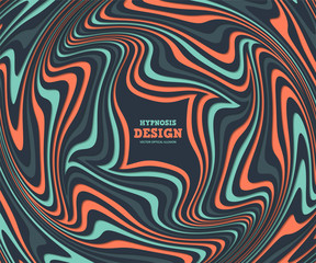 Optical illusion, abstract background. Hypnosis twisted spiral design concept for hypnosis, infinity, unconscious, psychic, chaos, extrasensory. Vector colorful striped swirl. Hypnotic wavy pattern