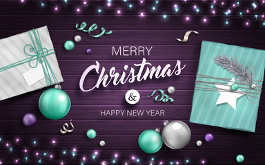 Beautiful background with Christmas decoration. Vector illustration of happy new year 2019 with blue and silver Christmas balls, gifts, garlands and ribbons on purple backdrop. Holiday greeting card
