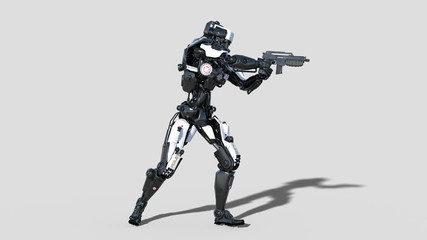 Police robot, law enforcement cyborg, android cop shooting gun on white background, side view, 3D rendering