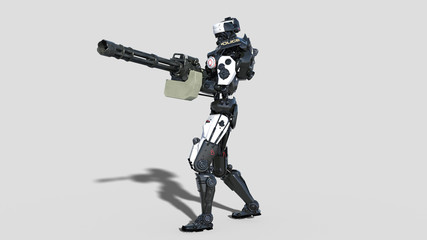Police robot, law enforcement cyborg, android cop shooting machine gun isolated on white background, 3D rendering