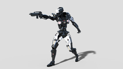 Police robot, law enforcement cyborg, android cop aiming and shooting gun on white background, 3D rendering