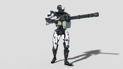 Police robot, law enforcement cyborg, android cop shooting machine gun on white background, 3D rendering