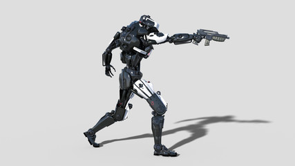 Police robot, law enforcement cyborg, android cop shooting gun on white background, 3D rendering