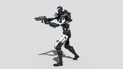 Police robot, law enforcement cyborg, android cop shooting gun isolated on white background, 3D rendering