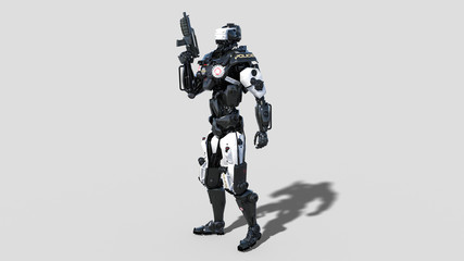 Police robot, law enforcement cyborg, android cop armed with gun isolated on white background, 3D rendering