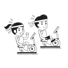 Cartoon a man and a woman riding recumbent exercise bikes for design.