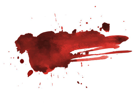 Blood splatter painted art on white for halloween design. Red dripping blood drop watercolor. Vector illustration