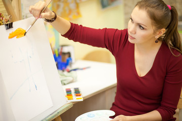 the girl gives a master class in painting